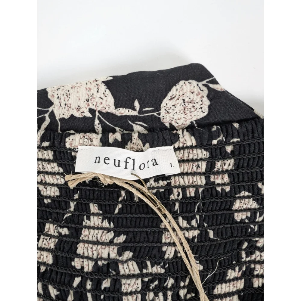 Neuflora Floral Smocked Tiered Ruffle Black Maxi Sz L Prairie Boho Modest Dress - Picture 8 of 13